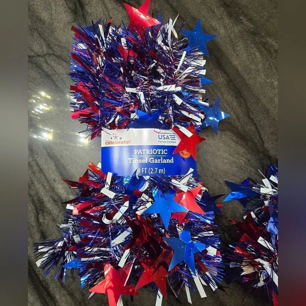 New American 4th of July Patriotic Tinsel garland bundle of 2, 9 ft each